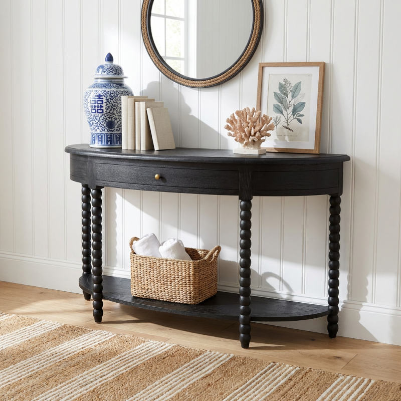 Bobbin Curved Console Black Oak