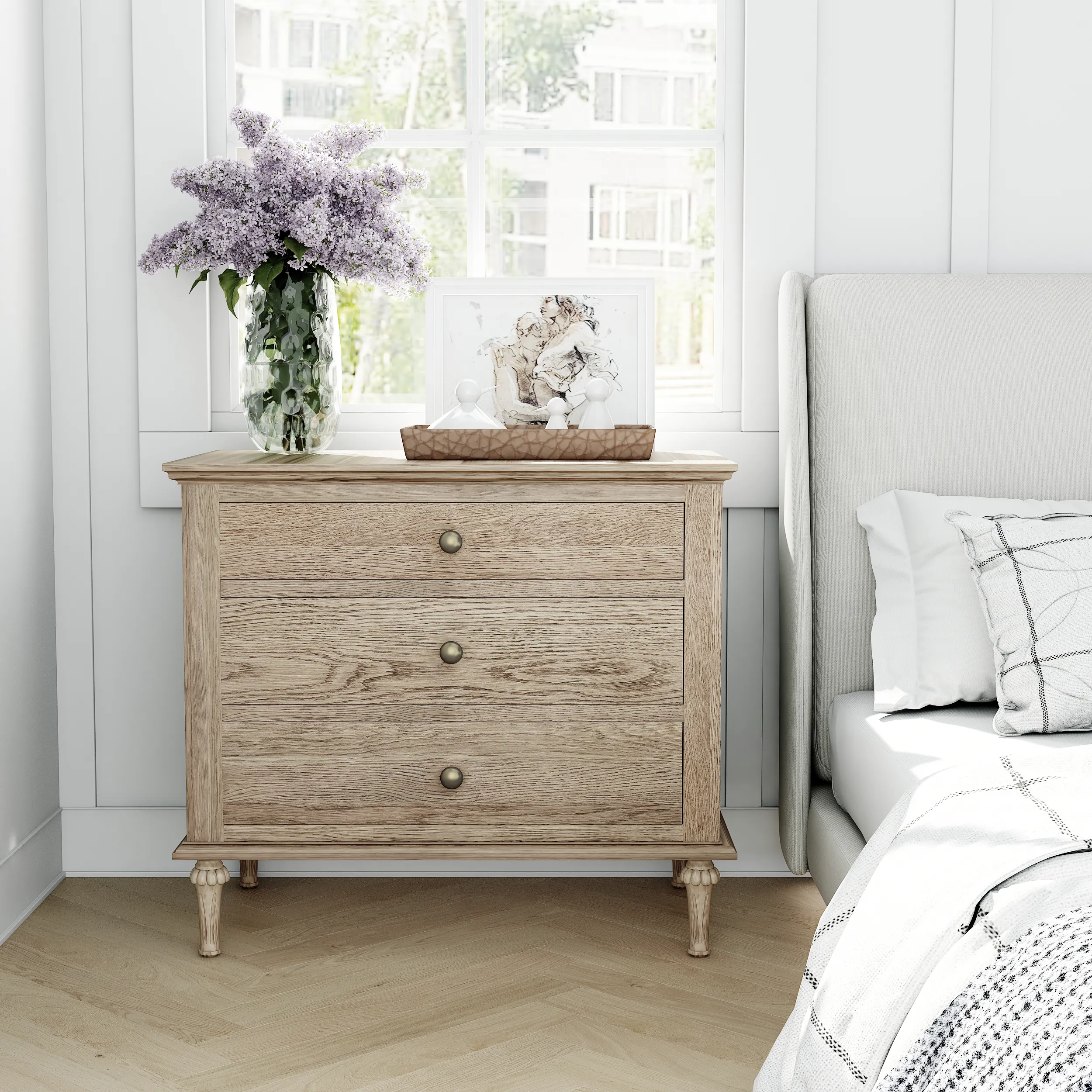 JAC Home Living oak bedside table in a bedroom setting