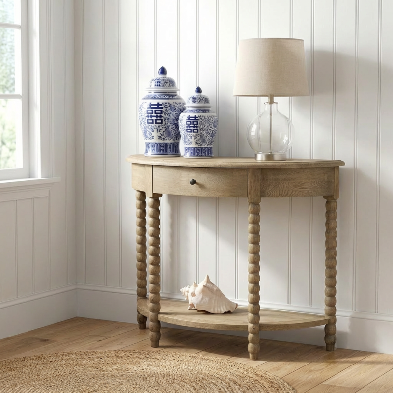 Alternative view of Bobbin Curved Console Weathered Oak 100cm