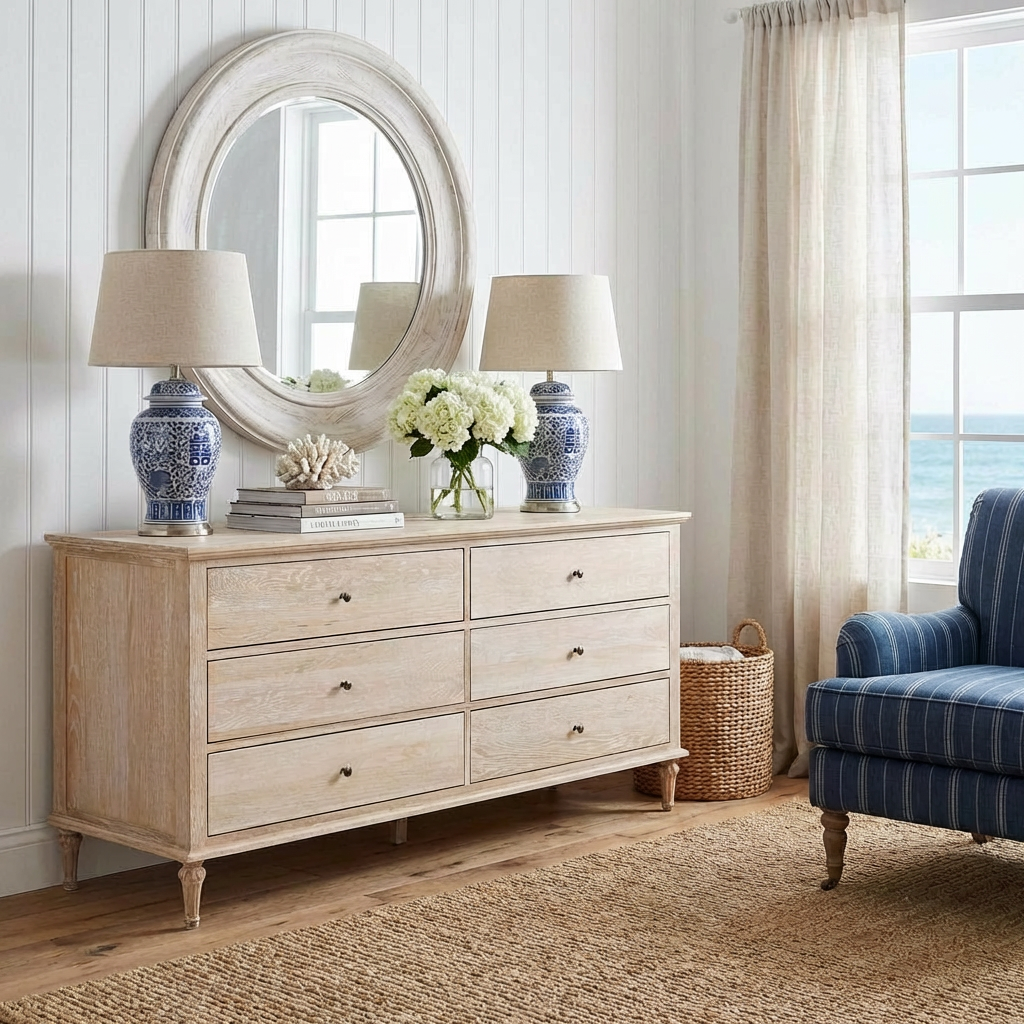 Emmerson Dresser 6 Drawers Whitewashed Oak Round Knobs